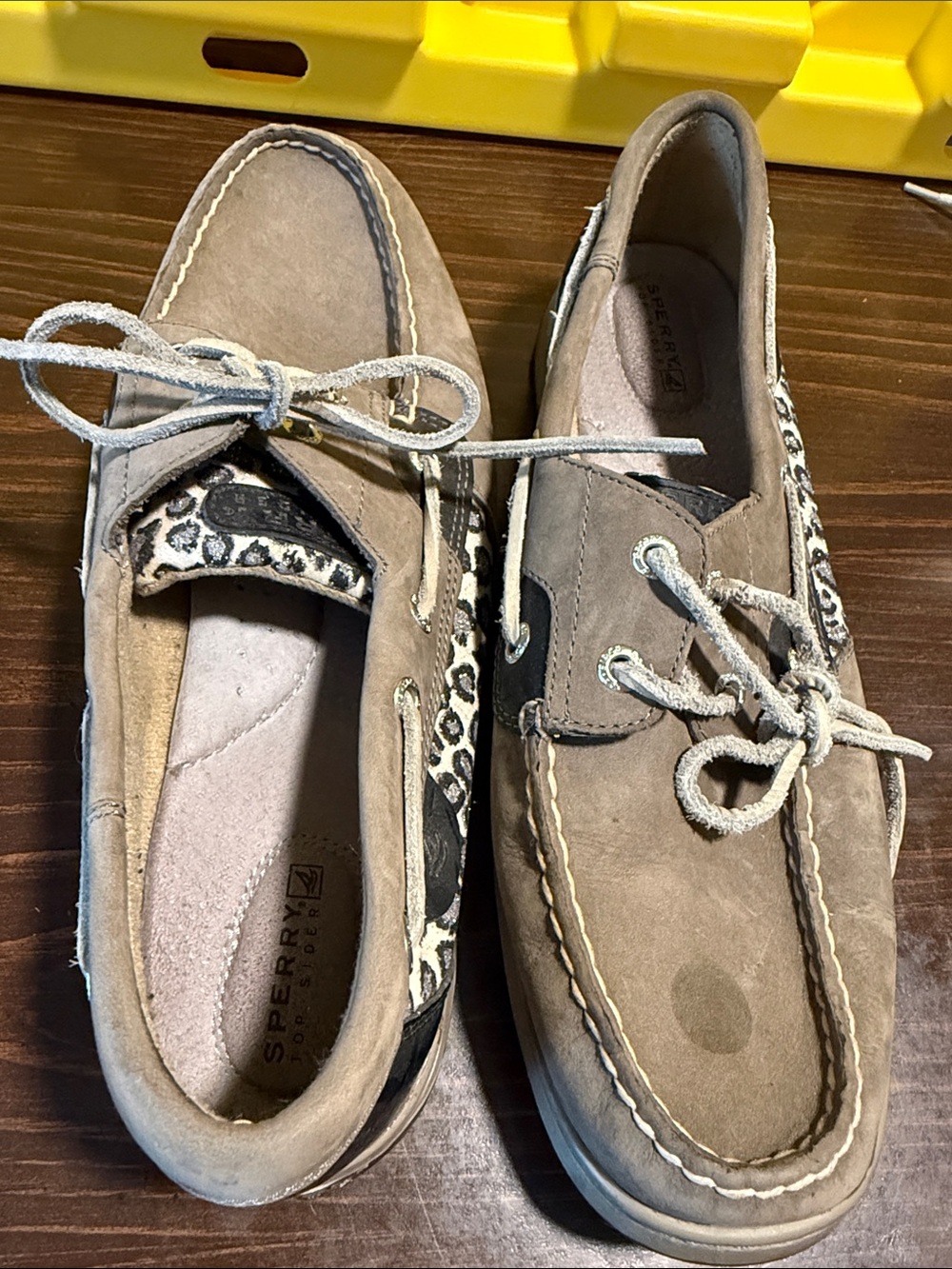 Sperry Taupe Suede Boat Shoes with Leopard Trim